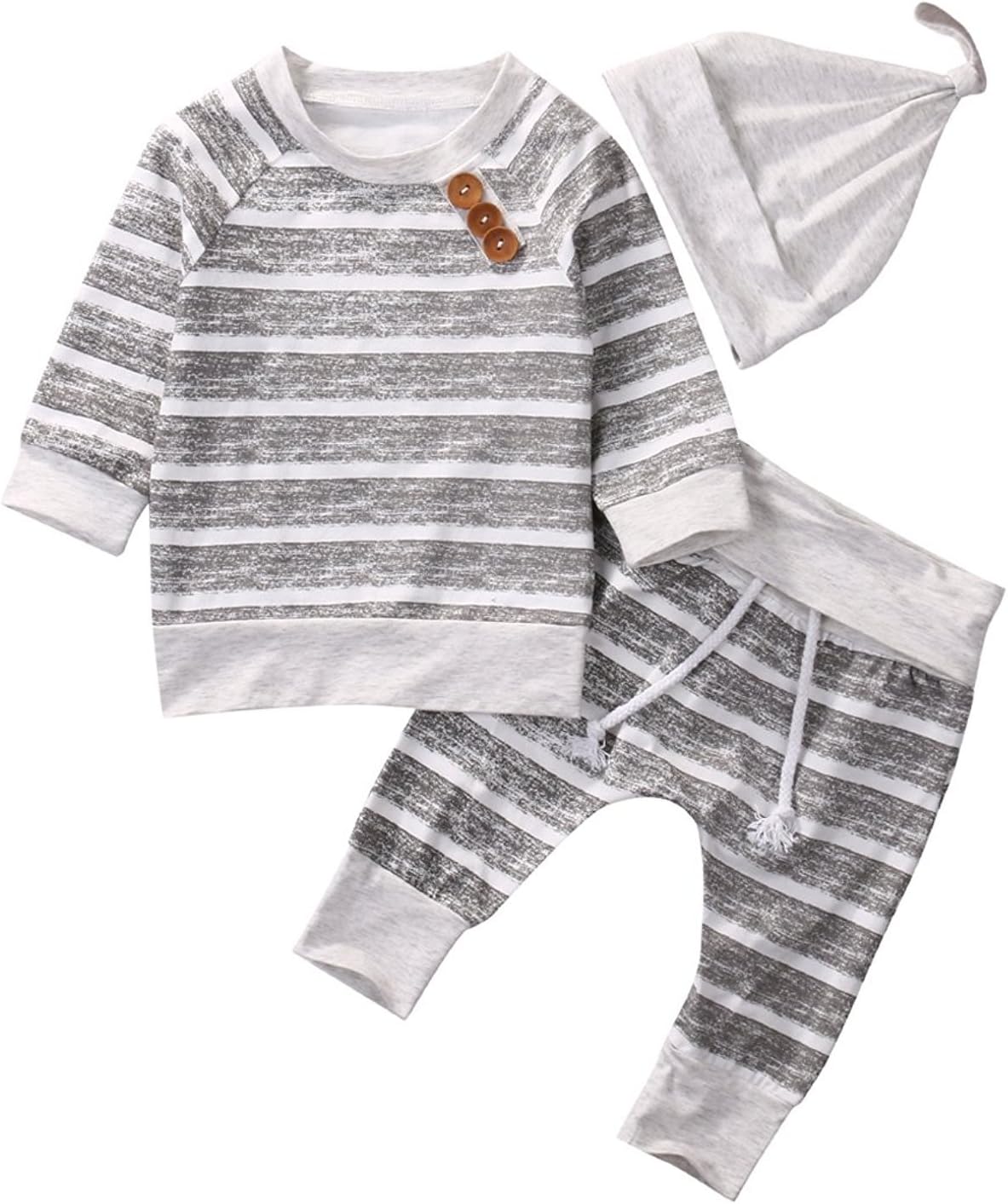 Besokuse Newborn Baby Boys Girls Hooded Sweatshirt T-shirt Tops+Striped Pants Kids Outfits Clothes Set (Grey Stripe, 12-18Months)