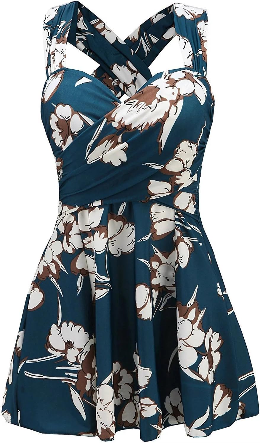 Women's One Piece Sakura Floral Print Criss Cross Swim Dress Swimsuit Teal