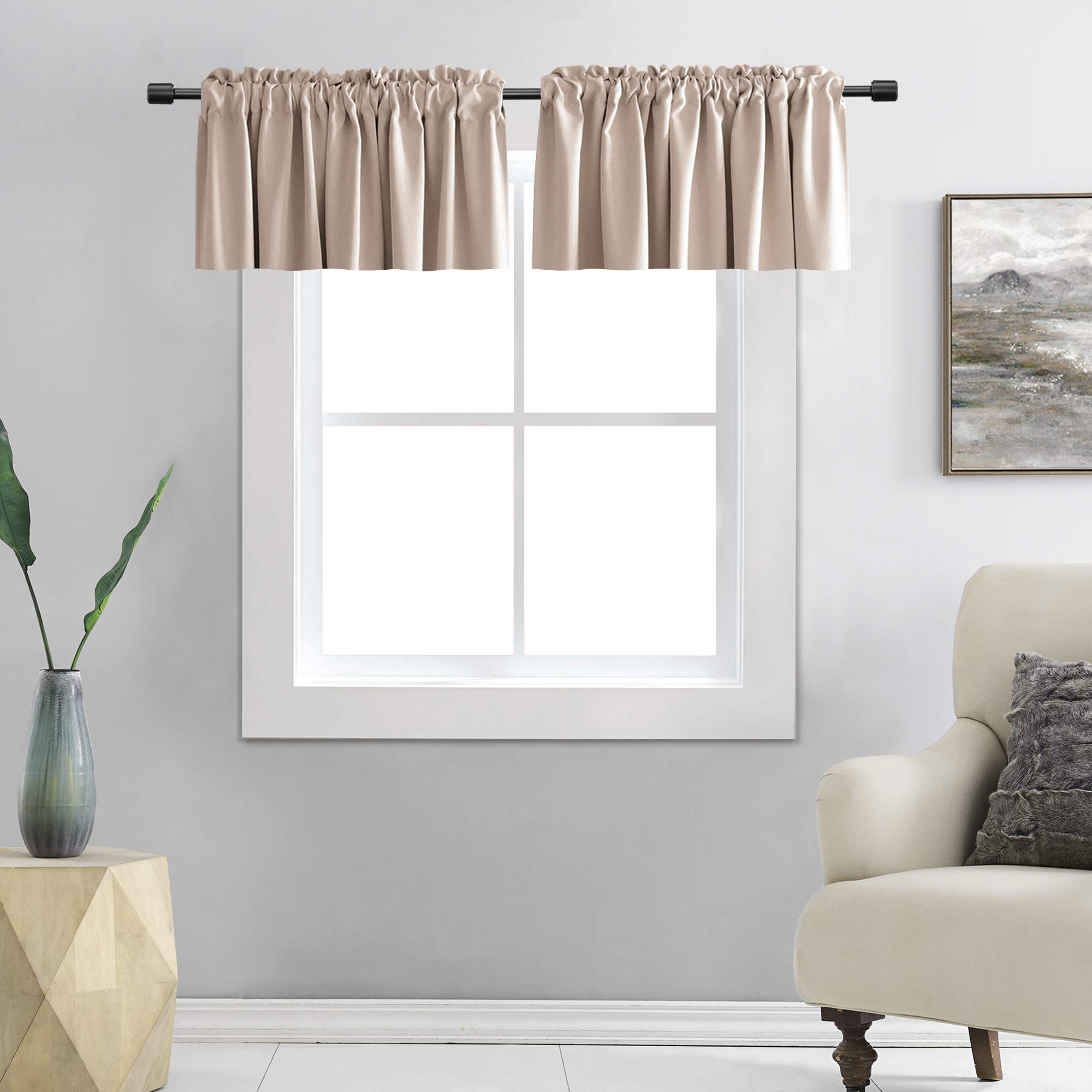 DONREN 2 Pack Blackout Window Valances for Basement with Rod Pocket -12 Inches Long Valances for Windows(Warm Taupe,42 Inches Wide)