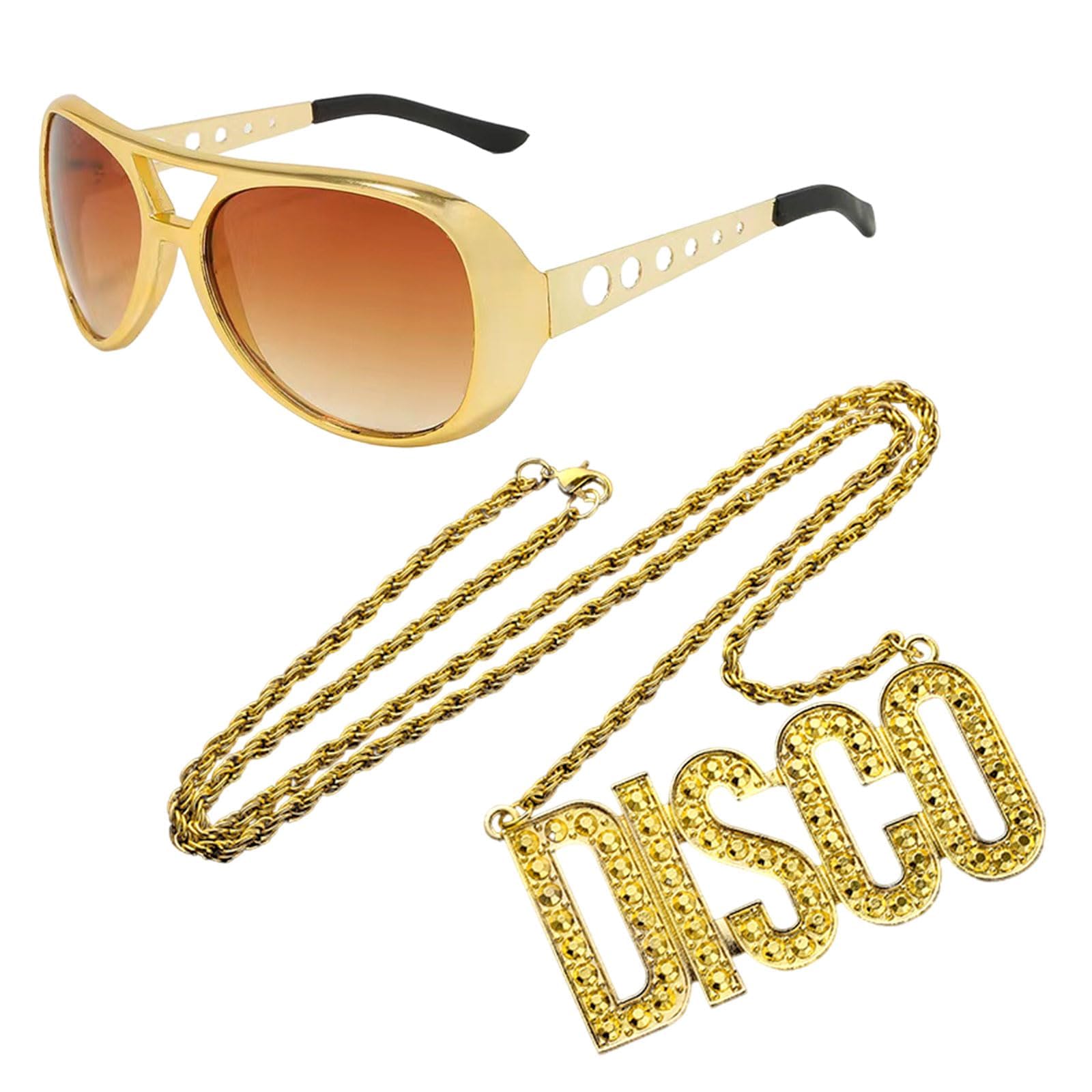 EUPSIIU 2 Pieces Hip Hop Costume, Disco Gold Chain Sunglasses, Rapper Costume, 70s 80s 90s Disco Necklace Sunglasses Hip Hop Costumes Set for Rapper Fancy Dress Carnival Accessories (Golden)