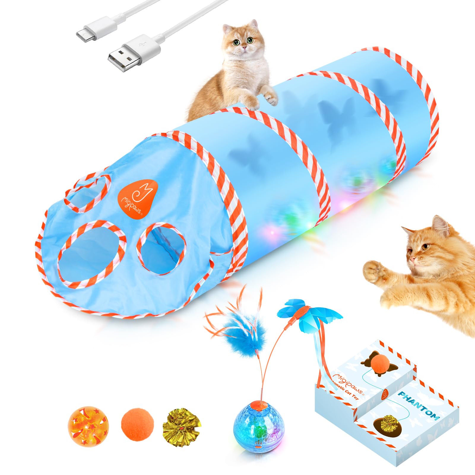 Migipaws Interactive Cat Toy Set, Moving Shadow Play of Butterfly on Cat Tunnel, Intelligent Rotating Ball,Cardboard Box Toy, Rechargeable