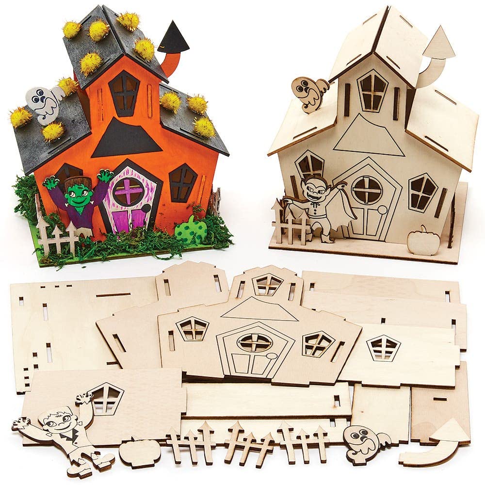 Baker Ross FX184 Haunted House Wooden Kits - Pack of 2, Halloween Decorations Kids Wood Craft Kit, DIY Halloween Decor