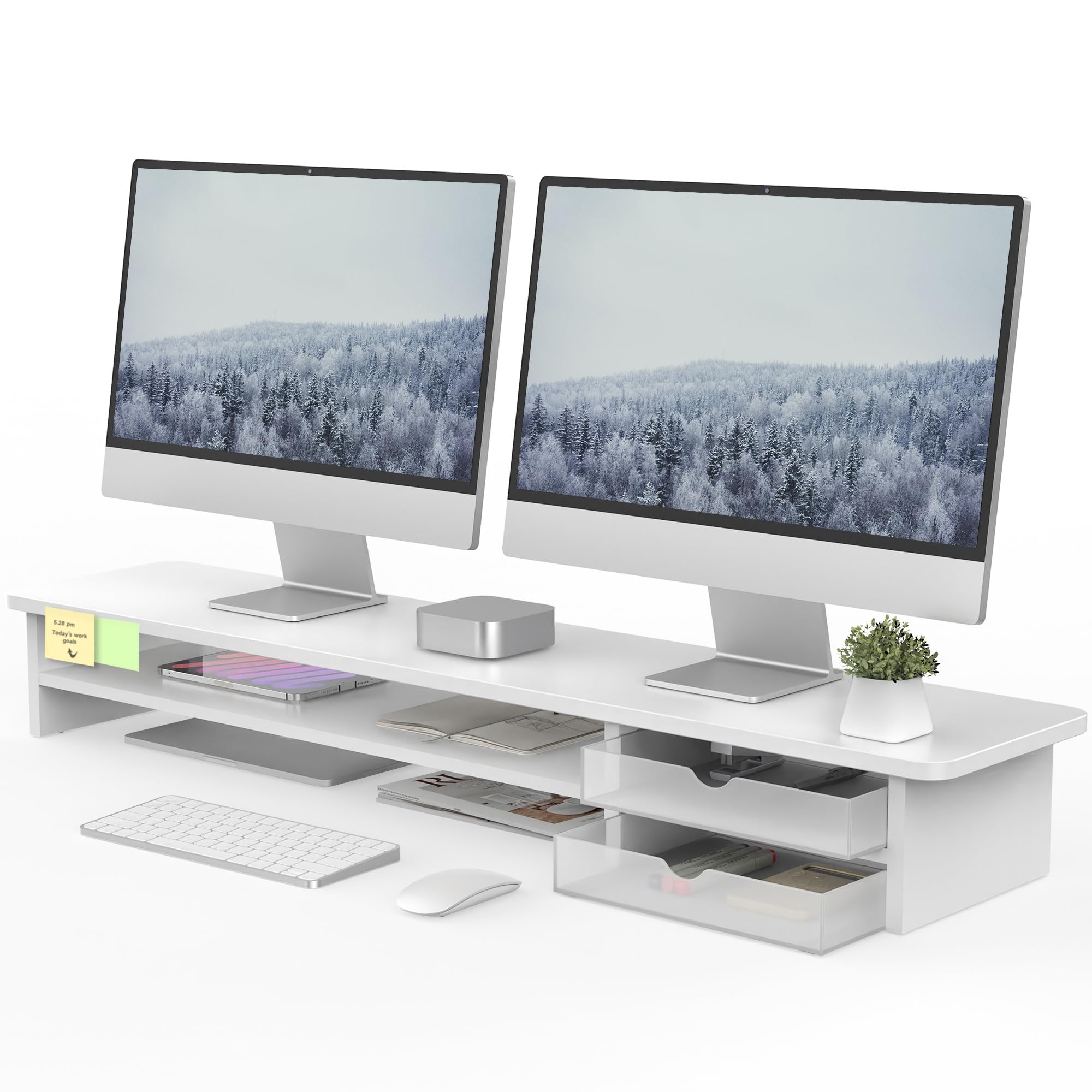 Photo 1 of Fenge Monitor Stand, Dual Monitor Riser, 42.5inch Large Desk Computer Monitor Stand Riser with Drawer, 2 Tier Wood & Acrylic Desktop Organizer for Computer, Laptop, Printer, TV Screen Riser