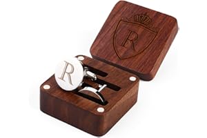 PROPHET CLUE PC Mens Initial Silver Cufflinks A-Z Alphabet Letter Steel Cuff Links with Engraved Walnut Wood Box Groom Groomsman Wedding Set…