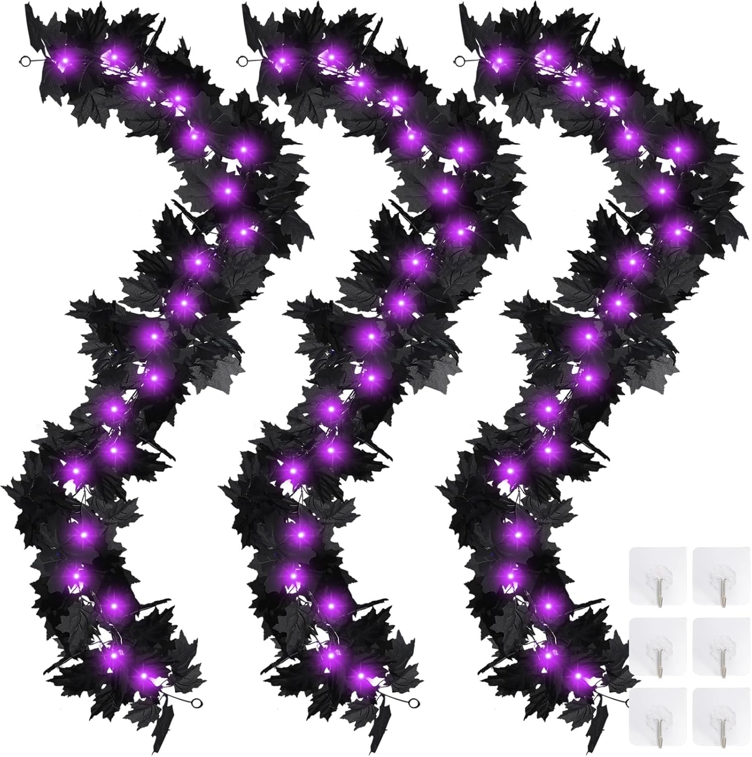 Wreaths, Garlands & Swags - 3 Pack Halloween Fall Garland with Lights, Battery Operated Black Maple Leaf Garland for Stairs,Black Halloween Garland Artificial Autumn Leaves Garland for Fireplace Tree Decor