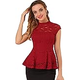 Allegra K Women's Crochet Peplum Floral Crochet Mock Neck Tops Cap Sleeve Lace Blouse