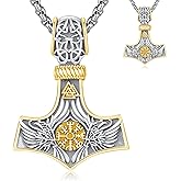 Thanches 18K Glod Plated Viking Thor's Hammer Talisman Necklace for Men, S925 Sterling Silver Vintage Norse Mjolnir Amulet Pendant Jewelry Gifts with Sturdy Box Chain