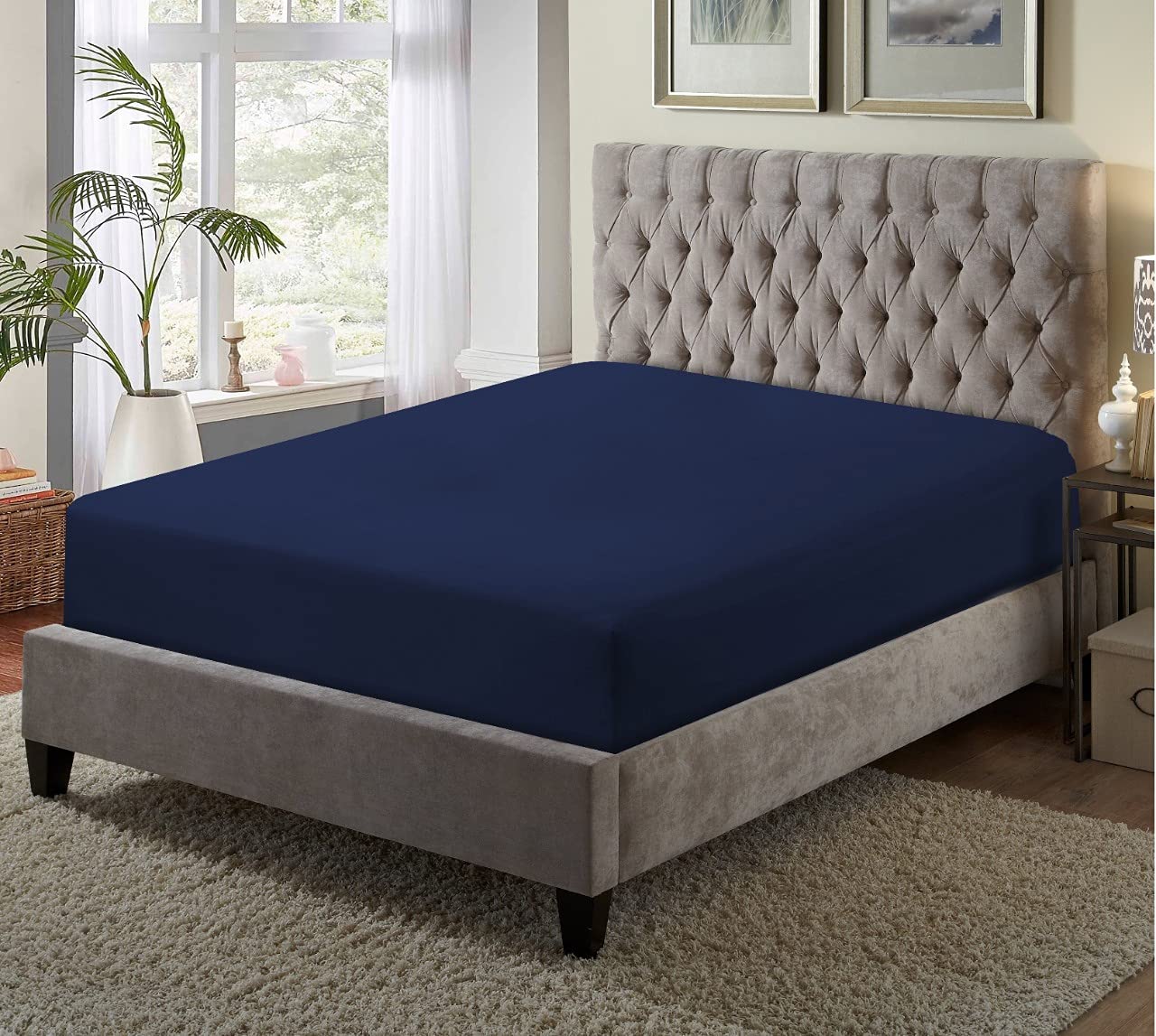 Fitted Bed Sheets Luxury Hotel Quality 100% Poly Cotton Bed Fitted Flat Ultra-Soft Fit Premium Bed Fit Cover (Navy Blue, Double)