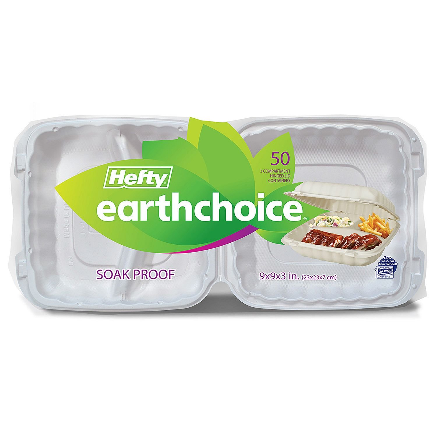 Hefty Earthchoice Biodegradable, Compostable Hinged, 9", 3-Compartment Containers (50ct.)