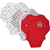 Asher and Olivia Baby Boy's 3-Pack Long-Sleeve Kimono Bodysuit Set -Side Snap Infant Bundle Bicycles Red, White and Stripes, 0-3 Months, 3M