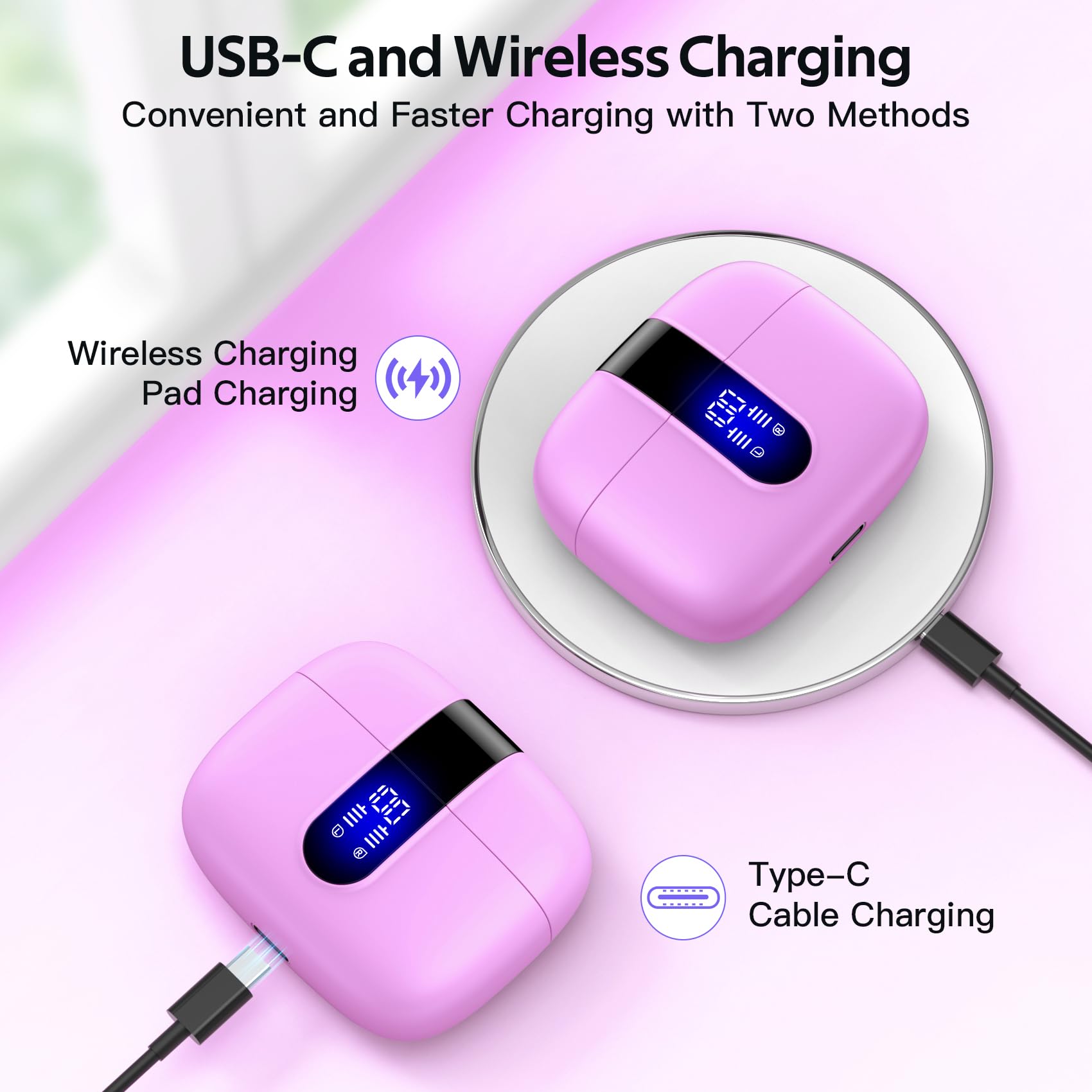 TAGRY 2 Sets X08 Purple and Sunset Pink Bluetooth Headphones True Wireless Earbuds 60H Playback Ear Buds with Wireless Charging Case in-Ear Earbuds with Mic