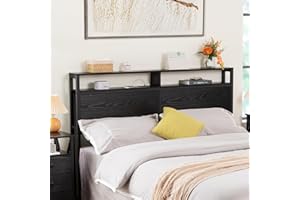 LOAKEKEL Queen Headboard Only, Headboard Queen Size with Outlets and USB Ports, Wood Platform Bed Queen Headboard with 2 Tier Storage Rack, Adjustable Height, Easy Assembly, Black HB052BK