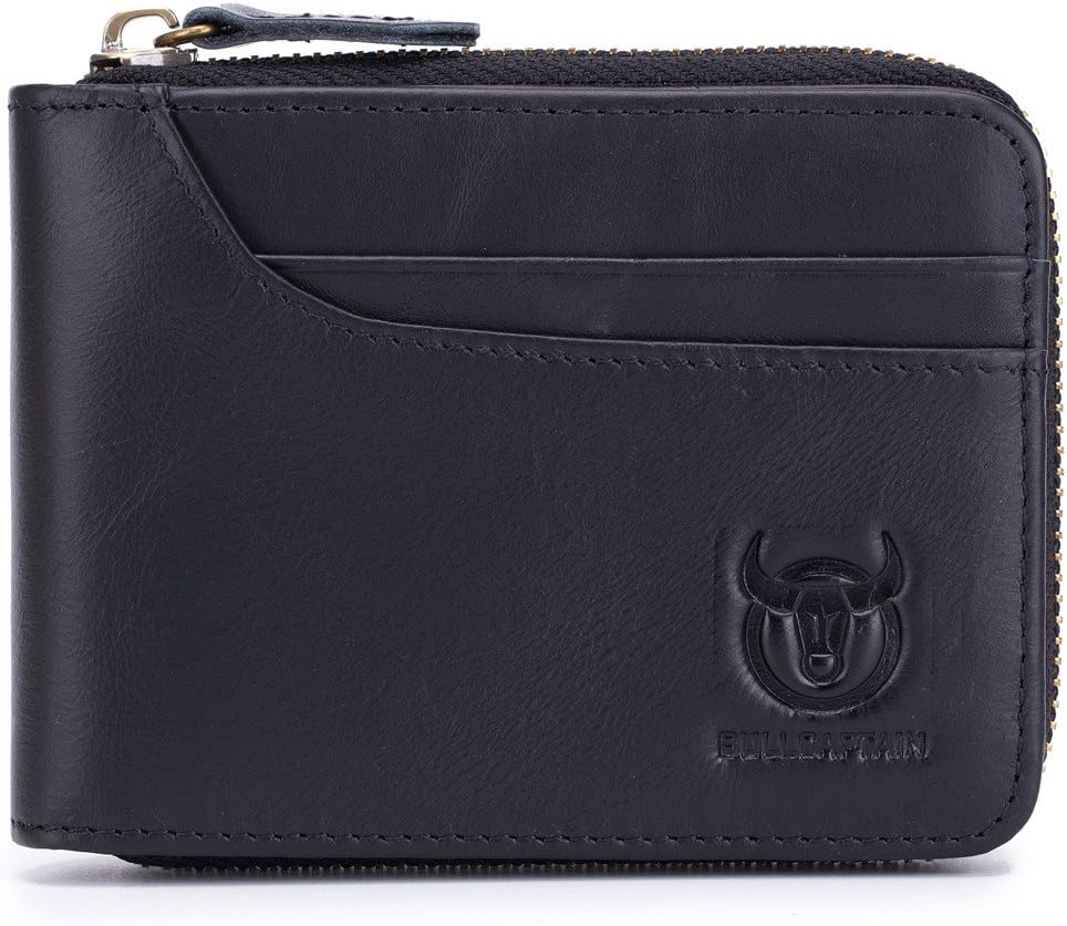 Zipper Men Wallet, RFID Blocking Antimagnetic Genuine Leather Credit Card Holder, Coin Purse Black