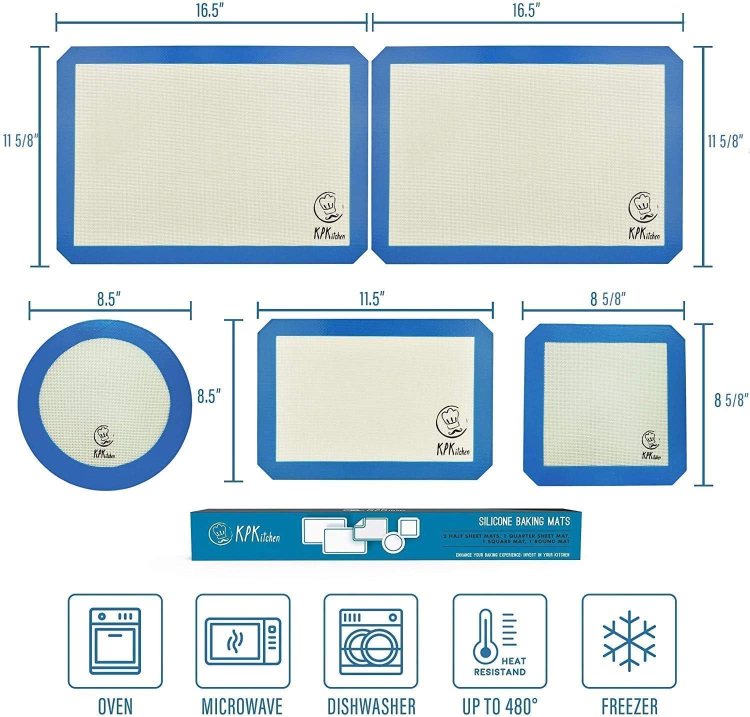 Silicone Baking Mats Set of 5-2 Half Sheets Mats + 1 Quarter Sheet Liner + 1 Round & 1 Square Cake Pan Mat - 100% Nonstick Food Safe Silicon - Reusable Oven Cooking Liners - Bake Pastry & Cookie: Kitchen & Dining