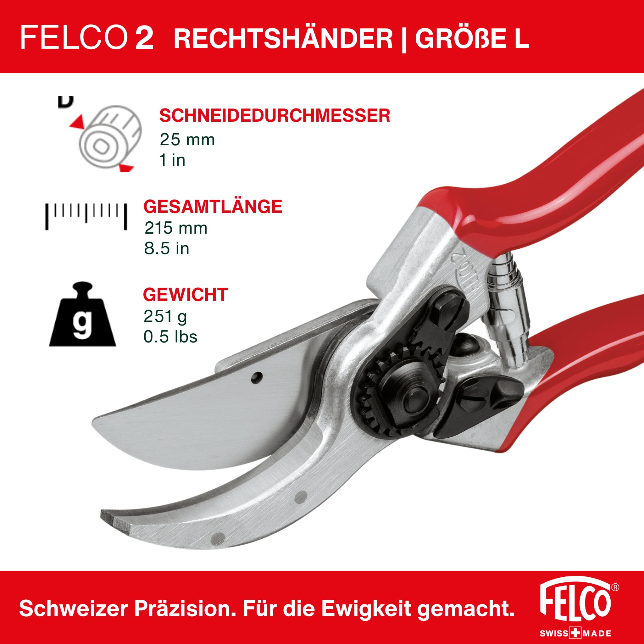 FELCO 2 professionelle Bypass-Gartenschere für Rechtshänder, 41 mm gehärtete Stahlklinge, geschmiedete Aluminiumgriffe, robustes Werkzeug für mittelgroße bis große Hände, 25 mm Schnitt, Swiss Made 2