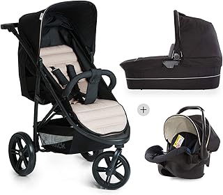Hauck Rapid 3 Plus Trio Set Dreirad Kinderwagen Set bis 25 kg, isofix-fähige Babyschale, Babywanne mit Matratze ab Geburt, höhenverstellbarer Griff, klein faltbar, leicht, caviar/beige