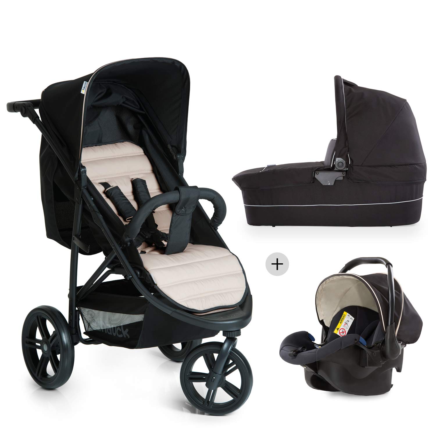 Hauck Rapid 3 Plus Trio Set Dreirad Kinderwagen Set bis 25 kg, isofix-fähige Babyschale, Babywanne mit Matratze ab Geburt, höhenverstellbarer Griff, klein faltbar, leicht, caviar/beige