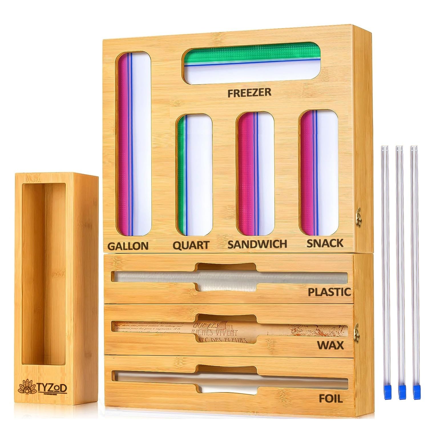Photo 1 of TYZOD 9-in-1 Bamboo Storage Bag Organizer with Cutter, Kitchen Drawer & Wall Mount Storage for Foil, Plastic Wrap, Gallon, Quart, Sandwich, Snack & Freezer Bags, Fits Rolls ?12” Long, ?2” Diameter