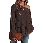 BEAUDRM Women's Hollow Out Oversized Sweater Long Sleeve Boat Neck Pointelle Knit Pullover Top Cute Fall Sweater
