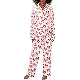 ROAONOCOMO Women Bow 2 Piece Pajama Set Long Sleeve Button Shirt Pants Cute Print Holiday Pj Silk Satin Lounge Outfit