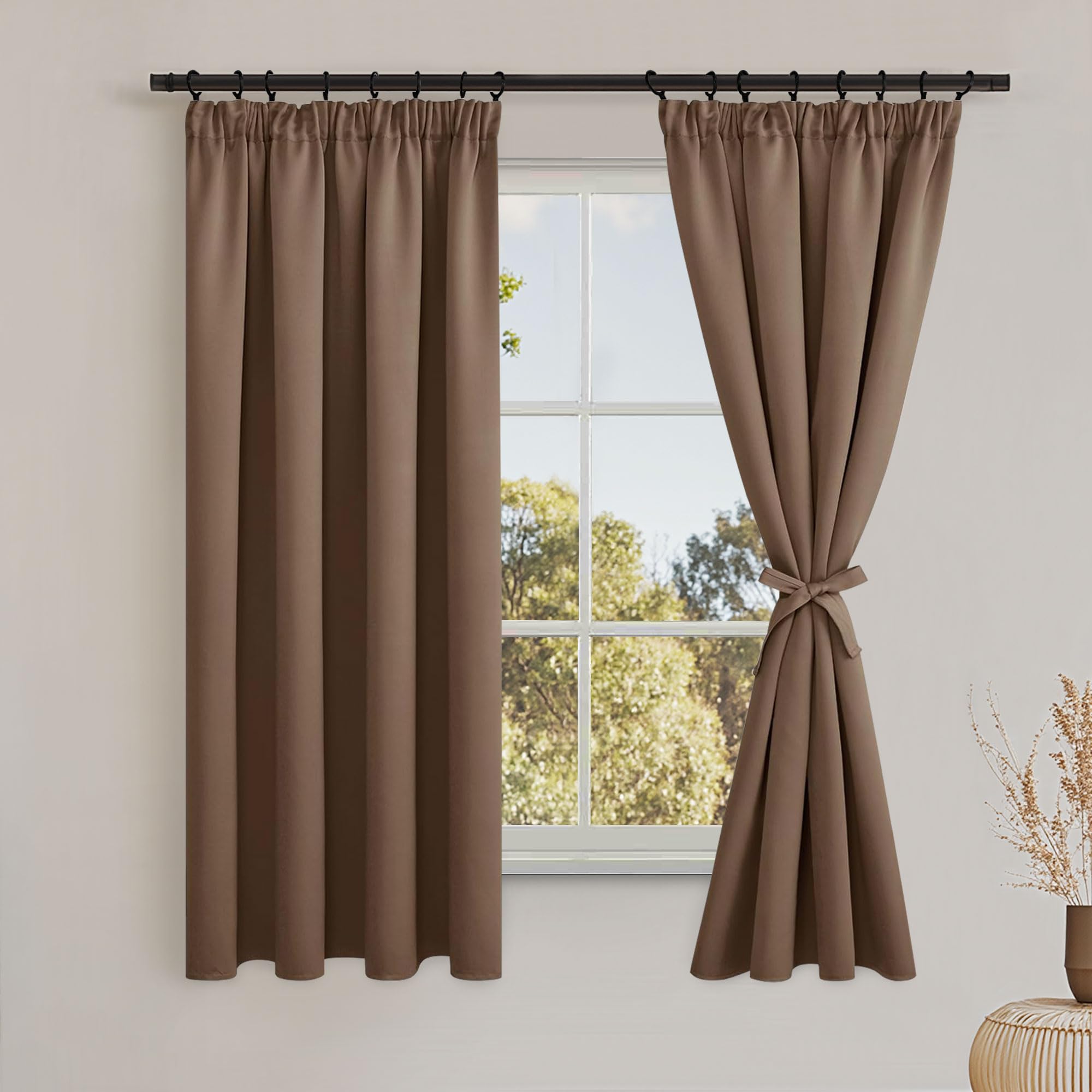 DWCN Blackout Curtains for Bedroom Thermal Insulated Curtain with Tiebacks Pencil Pleat Curtains for Living Room 46 x 72 inch Length, Khaki, 2 Panels