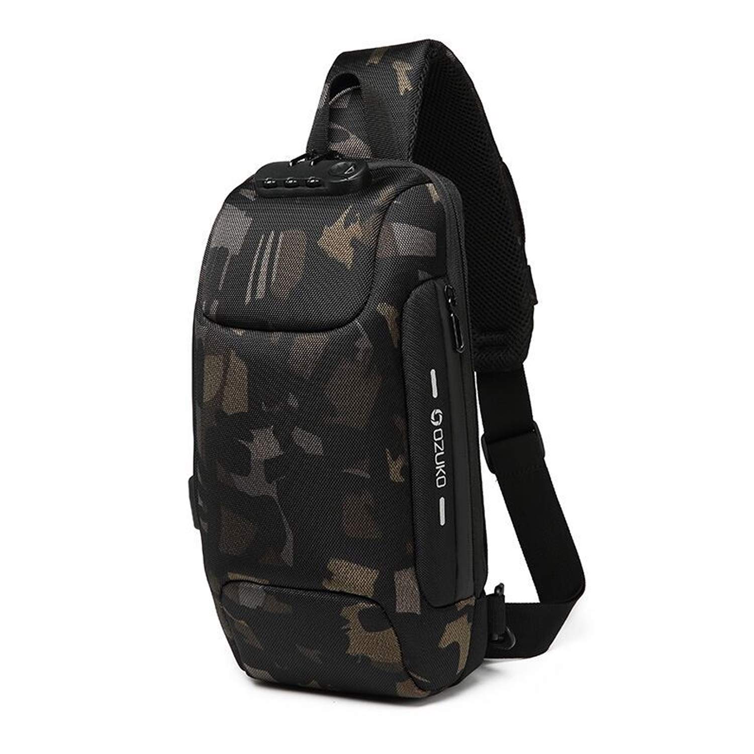 FANDARE Anti-Theft Sling Bag New Men Crossbody Bag Women Chest Pack with USB Charging Port Reflective Stripe Shoulder Bag for Cycling Camping Riding Hiking Daypacks Waterproof Polyester Camo A