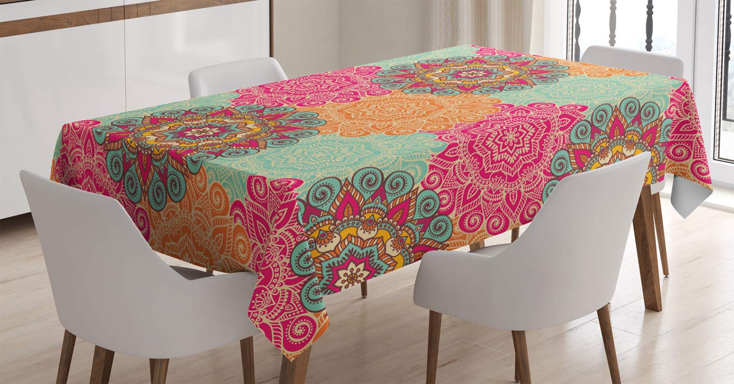 ABAKUHAUS Mandala Tablecloth, Antique Tribal Mandala, Dining Room Kitchen Rectangular Table Cover, 54 W X 78 L, Fuchsia Orange