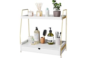 MONVANE 2-Tier Bathroom Organizer Countertop - Solid Wood Bathroom Counter Organizer with Drawer, Simple Standing Vanity Tray for Bathroom Organization and Bathroom Storage (White and Gold)