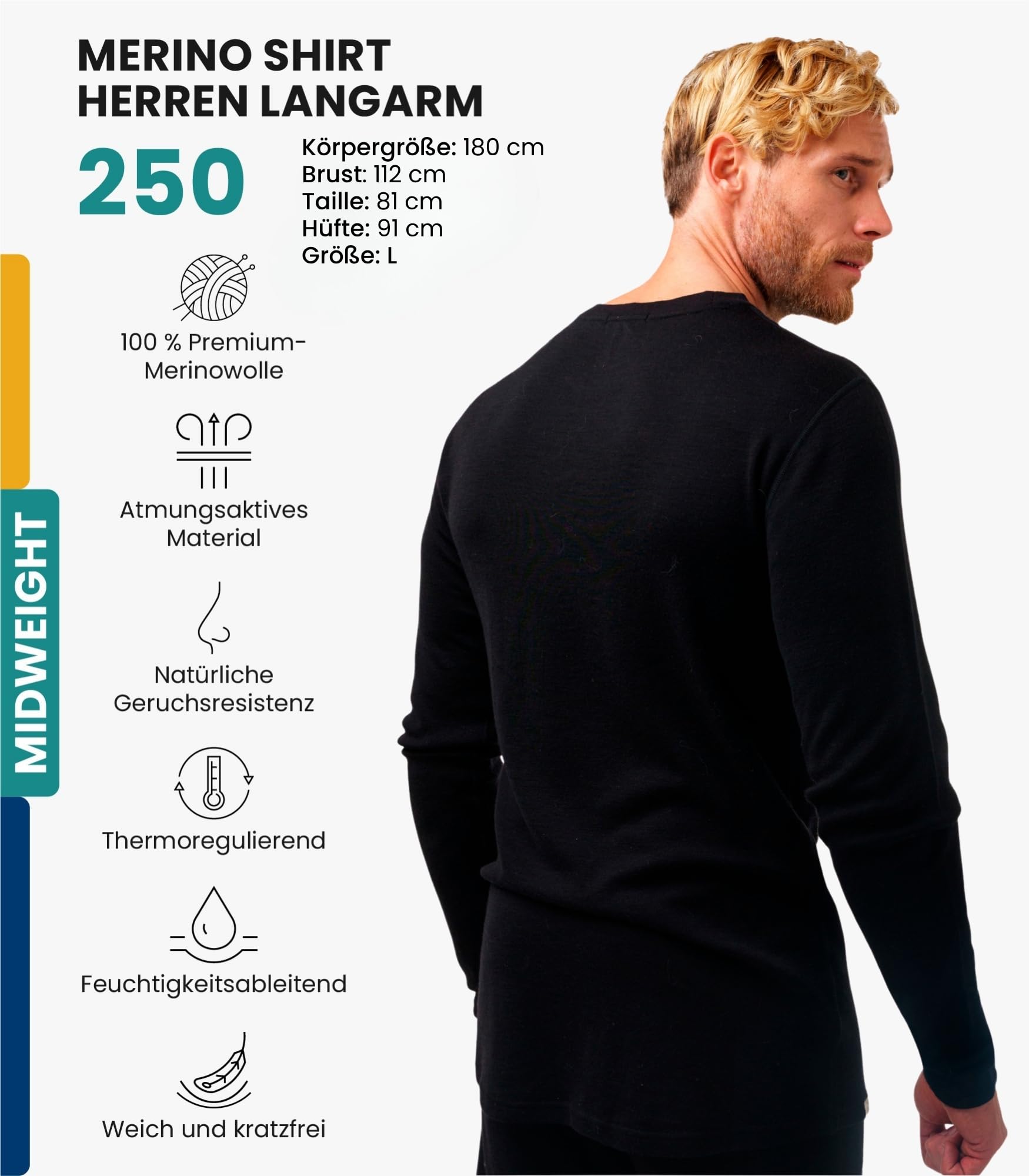 100% Merino Langarmshirt Herren - Merino Unterwäsche Herren Atmungsaktiv Und Feuchtigkeitsableitend + Wollsocken (Large, Black 250) 2
