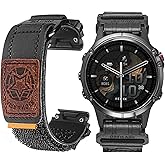 Compatible with Garmin Watch Bands, Rugged Tactical Leather Band, Quick Fit 20/22/26mm Strap