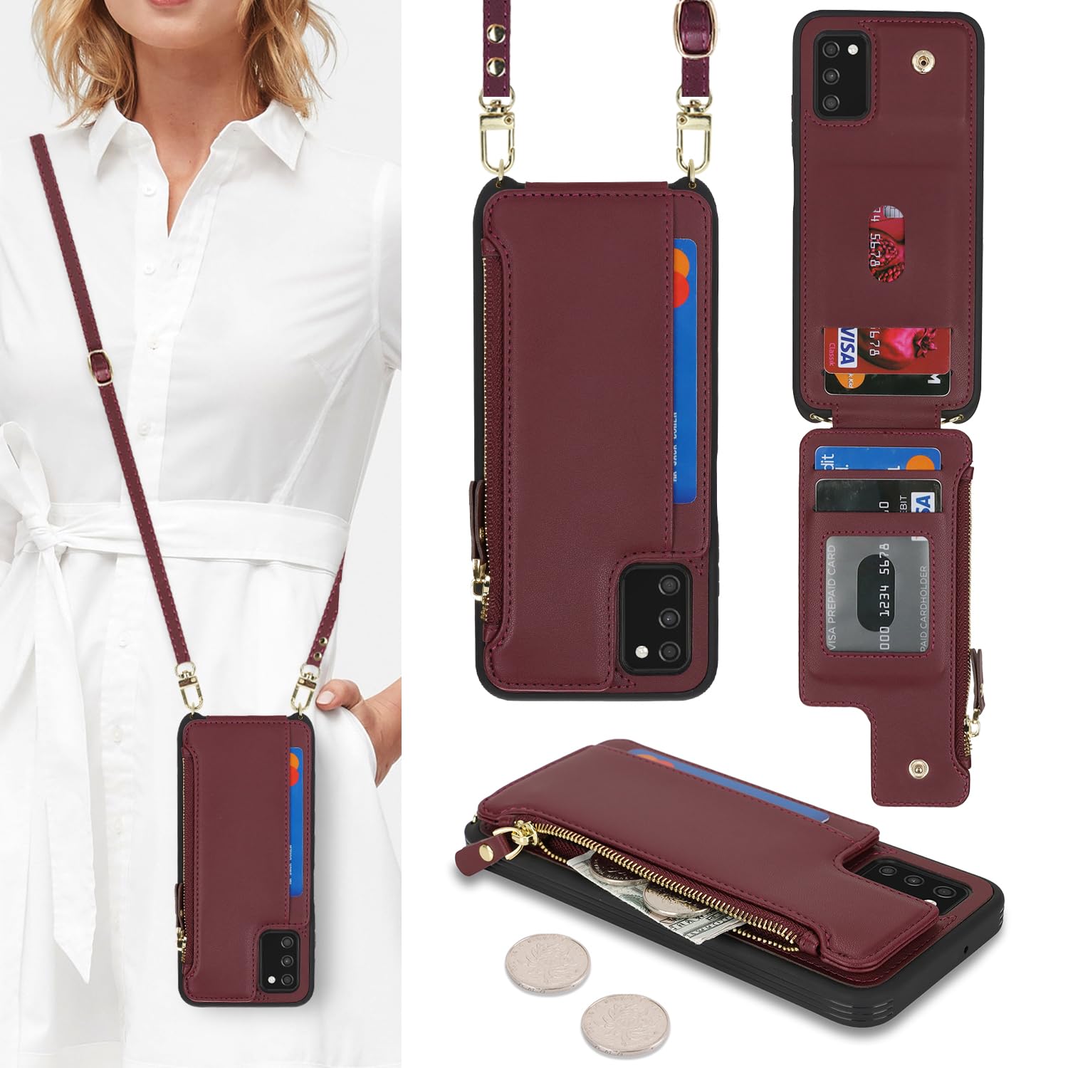 Cavor for Samsung Galaxy A03S Phone Case Wallet for Women, Galaxy A03S Crossbody Case with Strap,Leather Zipper Pocket Card Holder Cover-Wine red