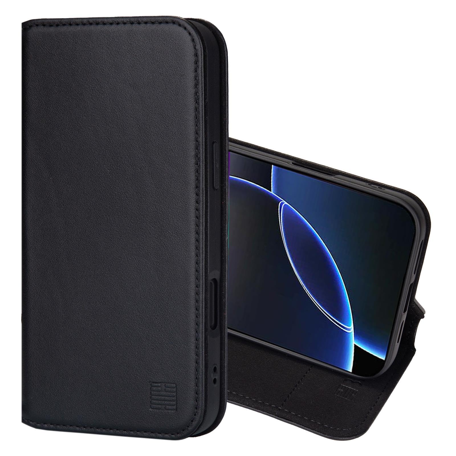 32nd Classic Series 2.0 - Real Leather Book Wallet Flip Case Cover For iPhone 16 Pro Max (6.9"), With RFID Blocking Card Slot, Magnetic Closure and Built In Stand - Black