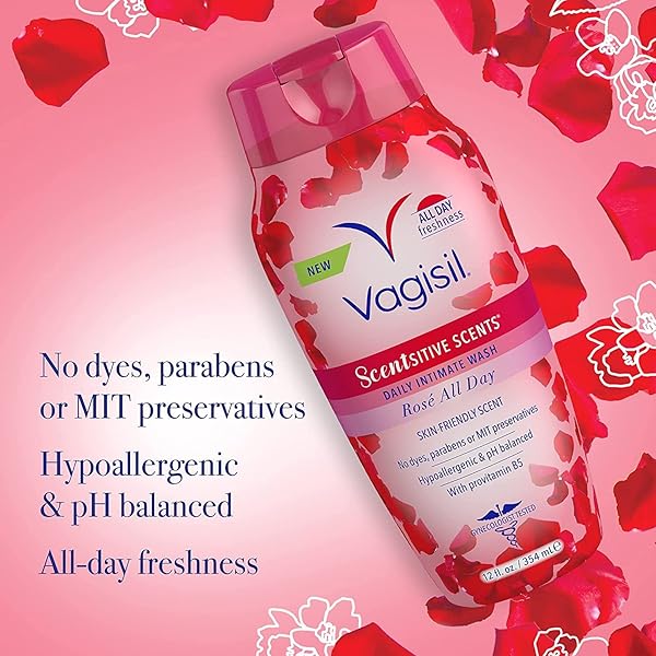 VAGISIL FEMININE WASH FOR INTIMATE AREA HYGIENE, SCENTSITIVE SCENTS, PH BALANCED AND GYNECOLOGIST TESTED, ROSE ALL DAY, 12 OZ (PACK OF 3)