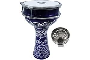 ZAZA Percussion 16'' Length Aluminum Darbuka, 8" Tunable Synthetic Head and Internal Jingles Doumbek (Dark Blue-Engrave)