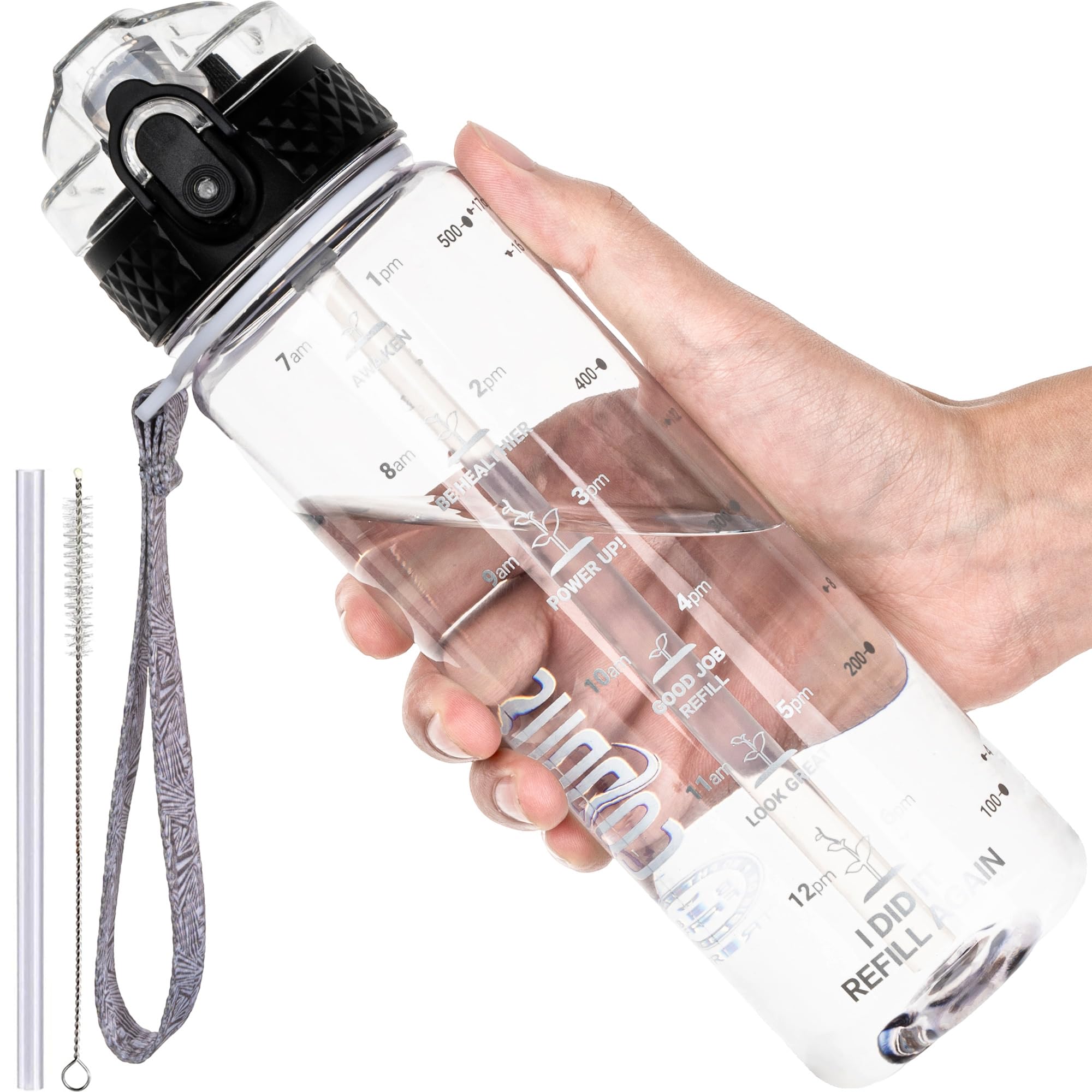 GOPPUS 500ml/17oz Kids Water Bottles with Straw Tritan Childrens Bottle with Flip Top Lid BPA Free Measured Drinks Bottle with Strap Sports Reusable Time Markings Leakproof (Transparent)