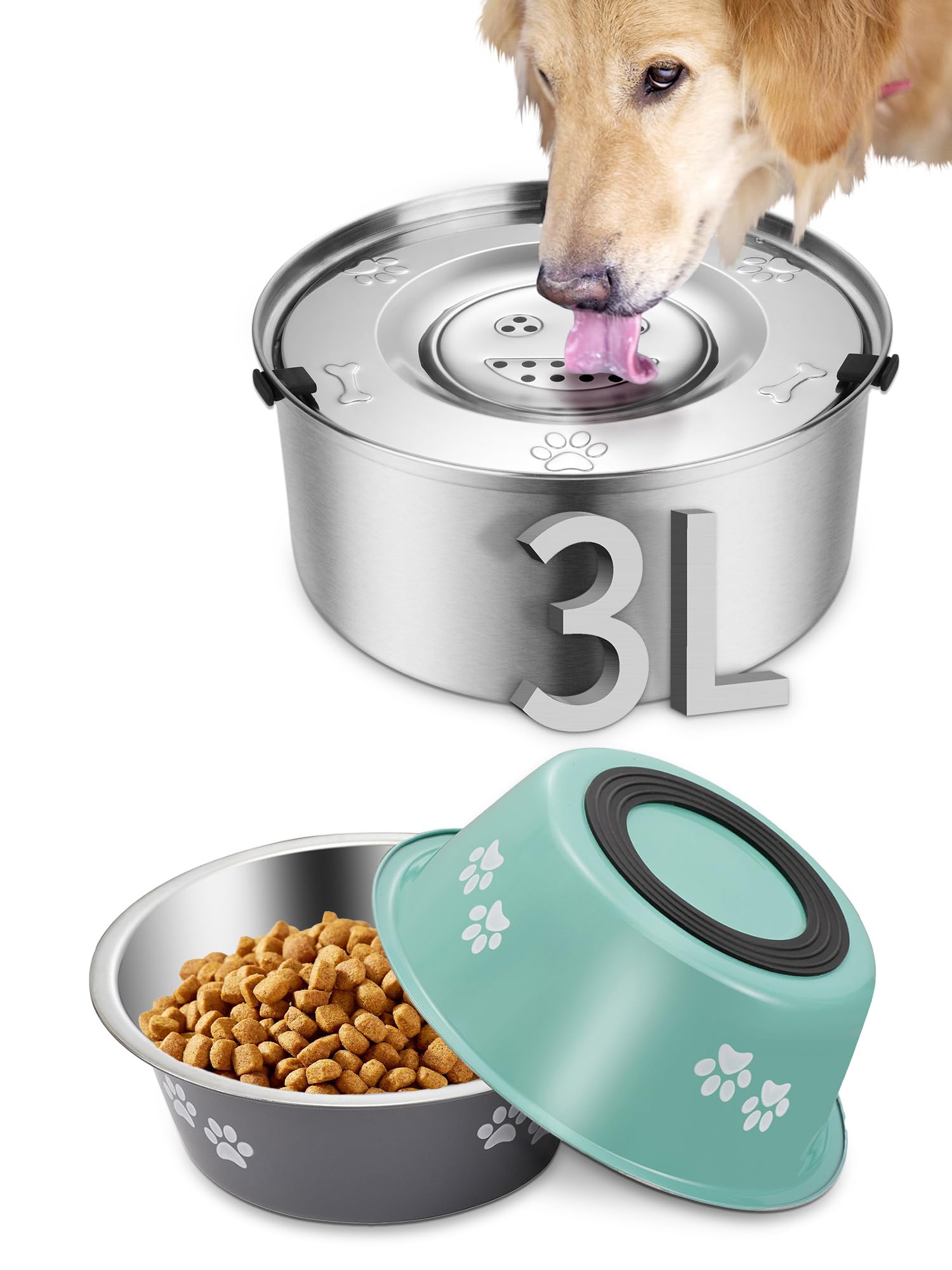 No Spill Dog Water Bowl, 3L Large Capacity Pet Water Bowl with 2 Pack Dog Bowls, Stainless Steels Slow Drink Puppy Water Bowl, Non Drip Dog Water Bowl