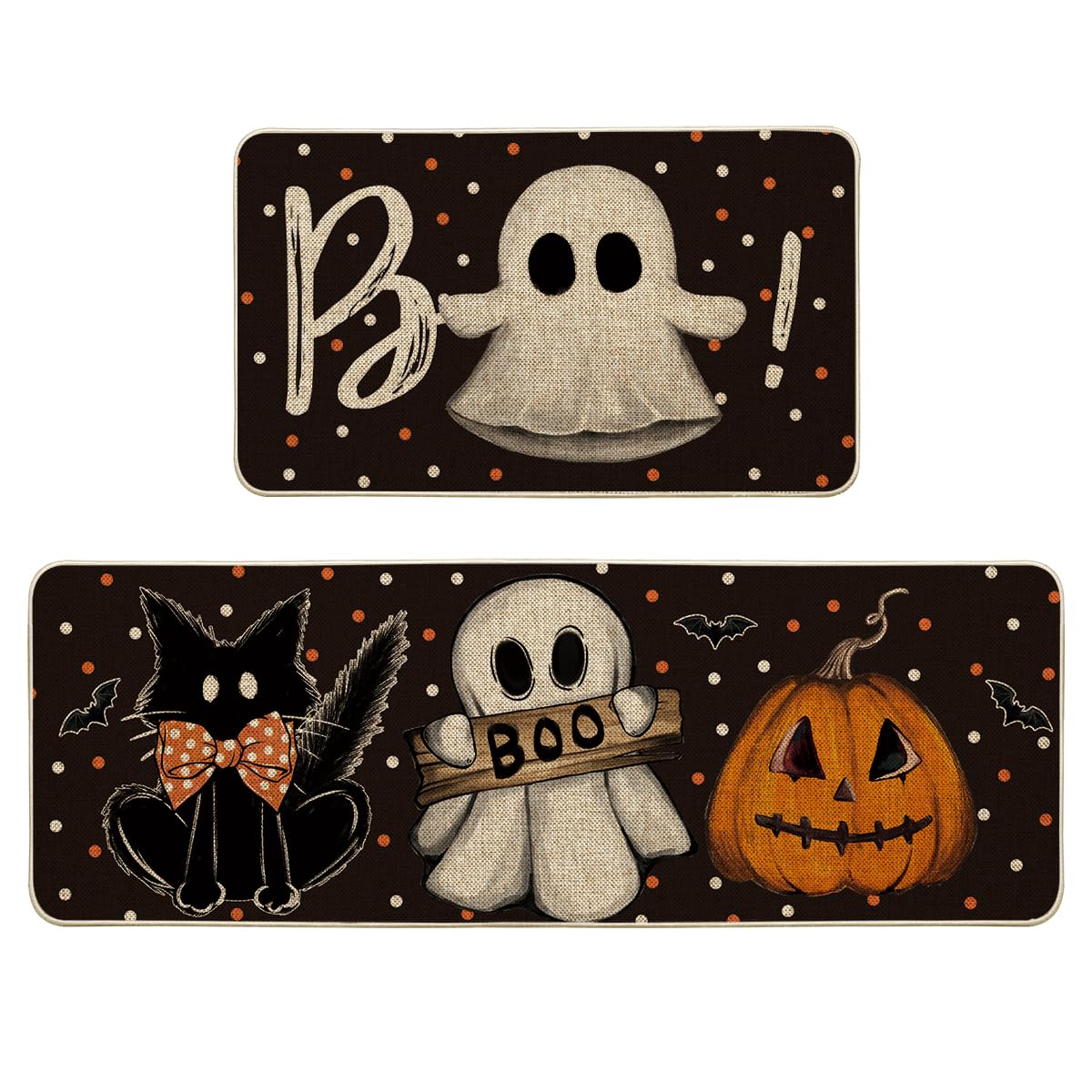 Photo 1 of Artoid Mode Bats Black Cats Boo Pumpkin Halloween Kitchen Mats Set of 2, Home Decor Low-Profile Kitchen Rugs for Floor - 17x29 and 17x47 Inch