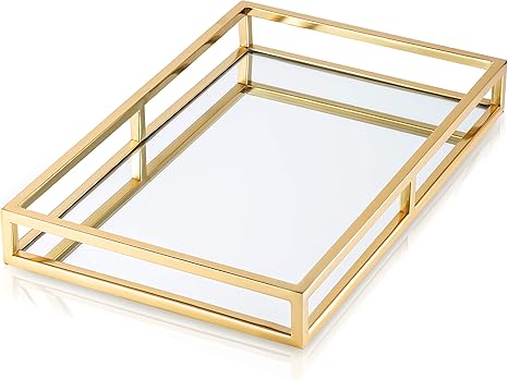 bandeja decorativa rectangular de color dorado con base de espejo y bandeja para servir dimensiones 16 25 pulgadas de largo