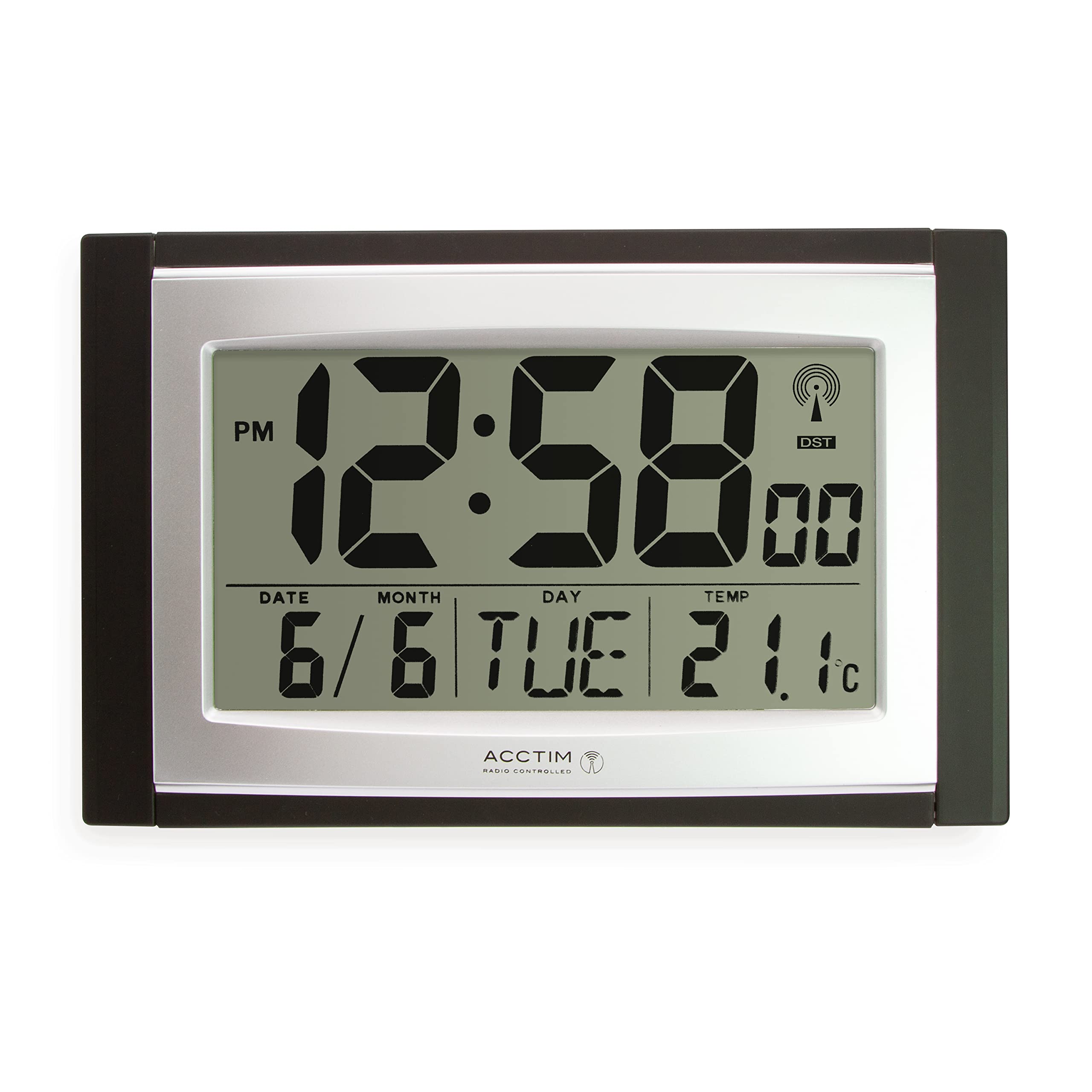 Acctim Stratus radio controlled digital wall and desk clock with LCD display showing date day and temperature, battery powered kitchen or office clock with tabletop or wall mounting in black