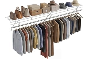 COSTWAY Closet Shelves Wall Mounted, Closet Shelf with Hanging Rod, Ventilated Metal Wire Shelving Kit, Wire Wall Shelf for L