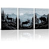 Wild Animal Canvas Wall Art Rustic Cabin Decor Bear Elk Moose Wall Pictures Forest Landscape Hunting Theme Painting Framed Farmhouse Decor 12"x16"x3