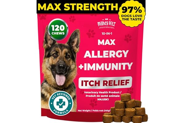 Mighty Petz MAX Dog Allergy Relief Chews - with Omega 3 for Dogs, Colostrum & Probiotics. Immune Support for Seasonal Allergi