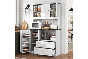 GYFIMOIE Kitchen Pantry Storage Cabinet,Freestanding Buffet Cabinet with Wine Glass Holder and 2 drawers,Food Pantry with Doors and Shelves,Tall Kitchen Hutch with Microwave Stand for Kitchens(White+Black)