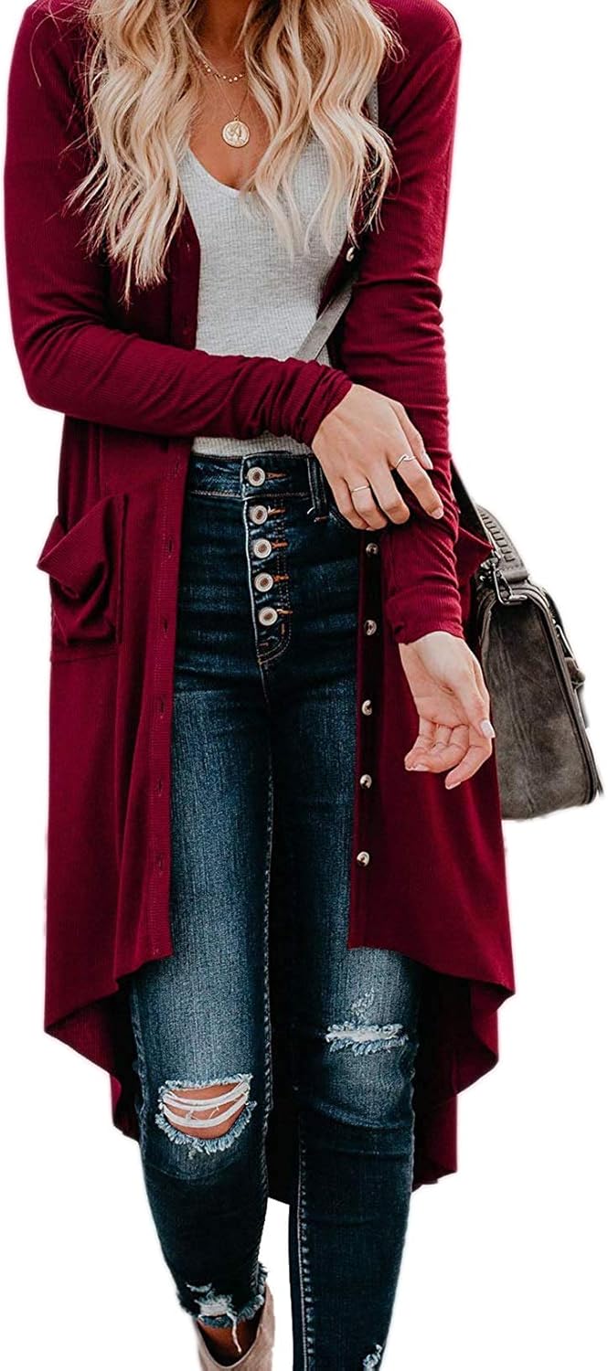 Bibowa Womens Long Lounge Sweater Drape Open Asymmetrical Cardigan with Pockets