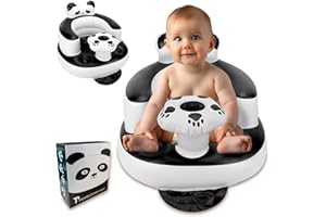 PEEKO Inflatable Baby Seat for Babies and Toddlers 3 Months and up, Infant Blow-up Chair with Built-in Air Pump, Head and Back Support, Multi-Purpose Sit-up Seat with Cute Animal Sad Panda Design