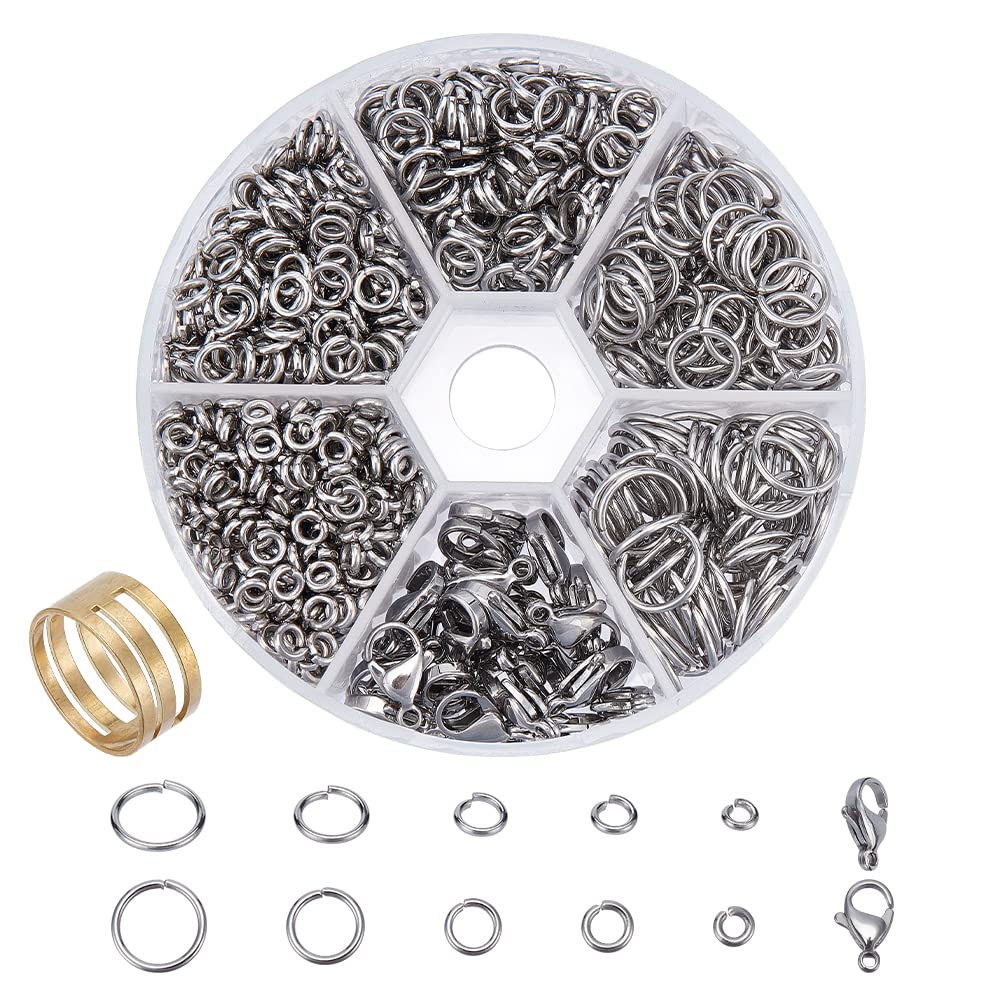 PandaHall Elite About 1160 pcs 4/5/6/8/10mm Stainless Steel Jump Rings with 30 pcs Lobster Claw Clasps for Earring Bracelet Necklace Pendants Jewellery DIY Craft Making, Stainless Steel Color