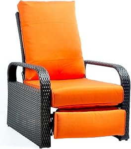 Babylon Outdoor Recliner Wicker Patio Adjustable Recliner Chair with 5.11" Cushions and Ottoman,Rust-Resistant Aluminum Frame,All-Weather Resin Rattan, Brown& Orange