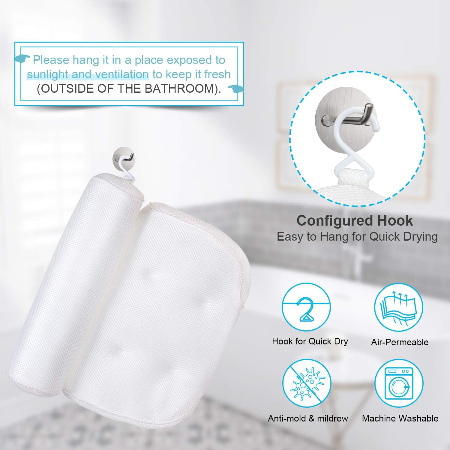 Bath Pillow Bathtub Pillow - Bath Pillows for Tub with Neck, Head, Shoulder and Back Support - 3D Air Mesh Spa Bath Pillow, Non-Slip, Extra Thick, Soft and Quick Dry Spa Pillow for Bathtub: Health & Personal Care
