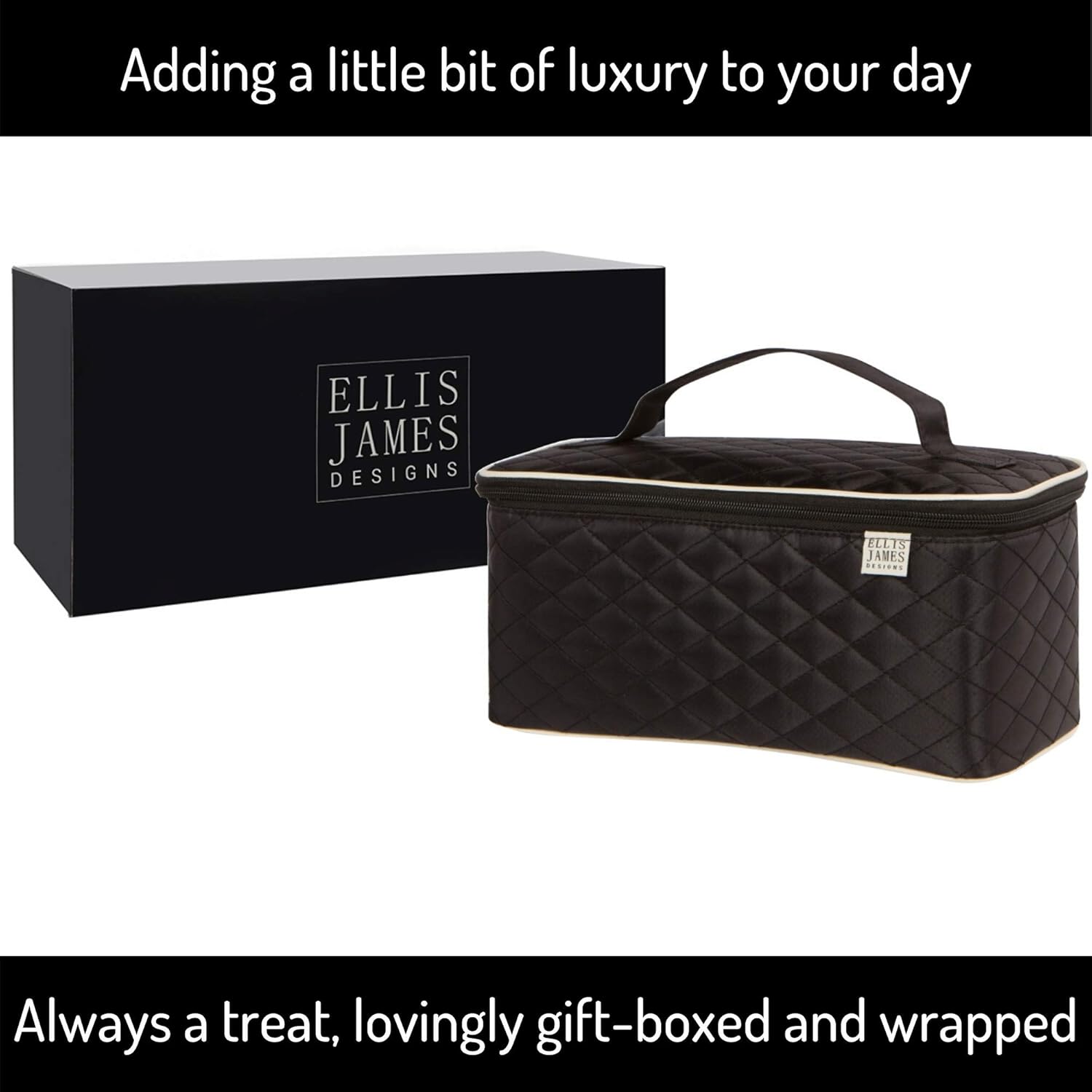 Ellis James Designs Large Travel Makeup Bag Organizer - Cosmetics Train Case Toiletry Bags for Women - Black - With Handle & Make Up Brush Holders - Professional Hair Dryer Cases & Beauty Storage : Beauty