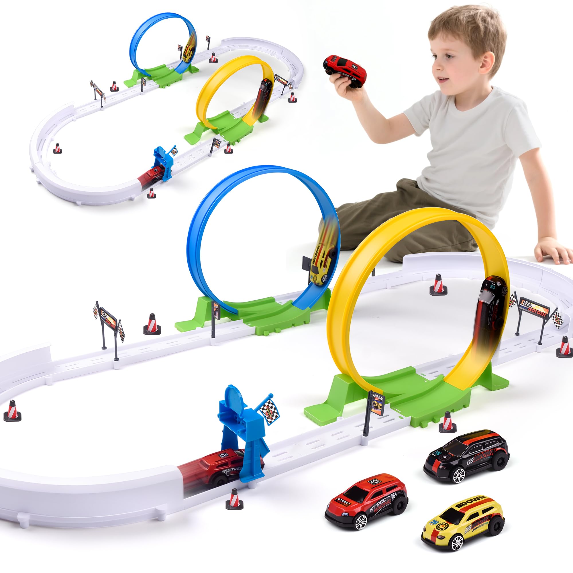 Havnidy Toy Car Track Set with 2 x 360° Loop & 3 High-Speed Race Cars – Toy Cars for 3-12 Year Olds – Slot Car Race Tracks Car Toys – Birthday for Boys and Girls